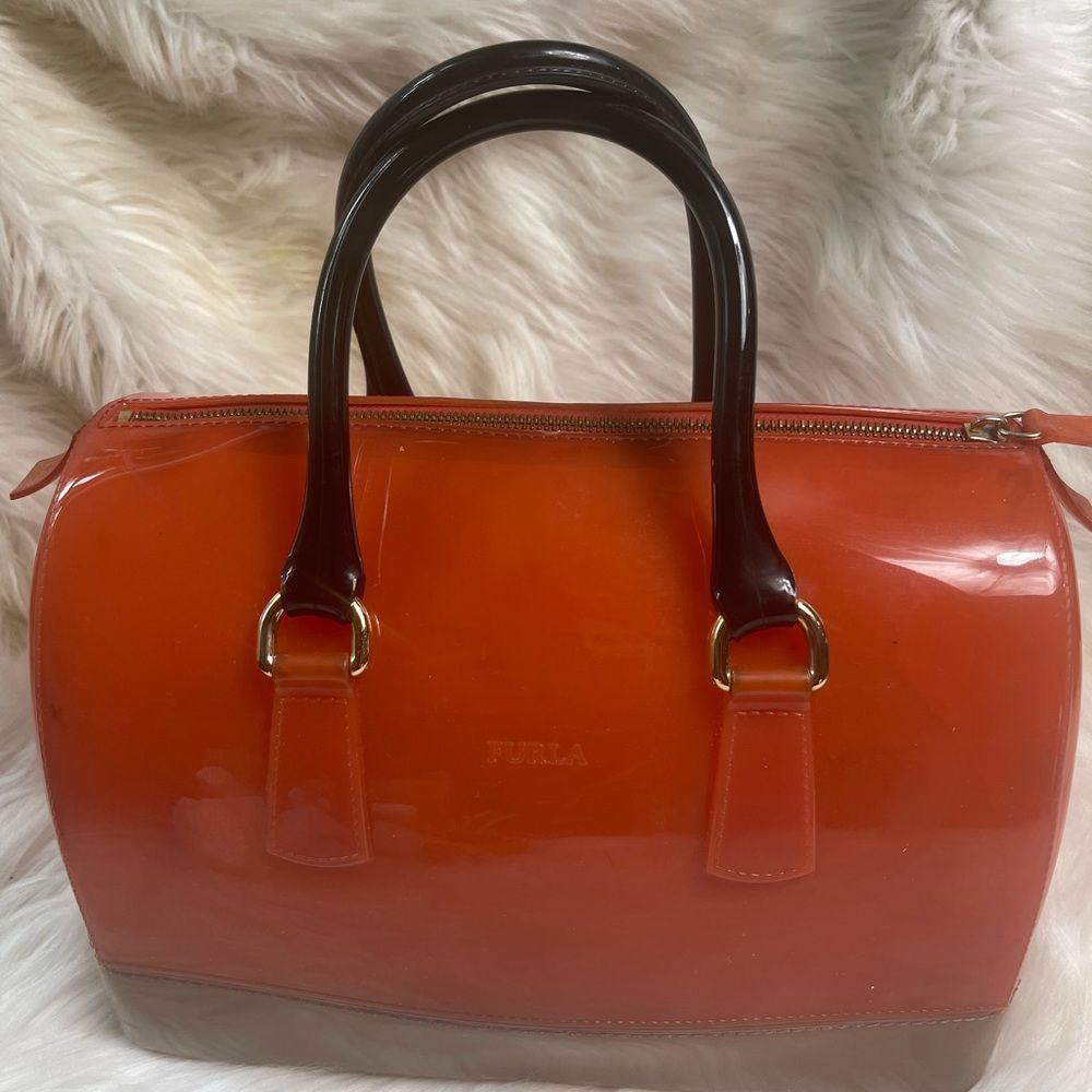 Furla The Candy Collection Three Tone Jelly Satchel Orange,Tan & Black.